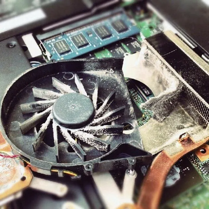 Laptop cooling fan clogged with dust, the usual cause of overheating